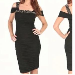 Badgley Mischka Ruched Cocktail Off Shoulder Dress Size 0 Beaded Strap